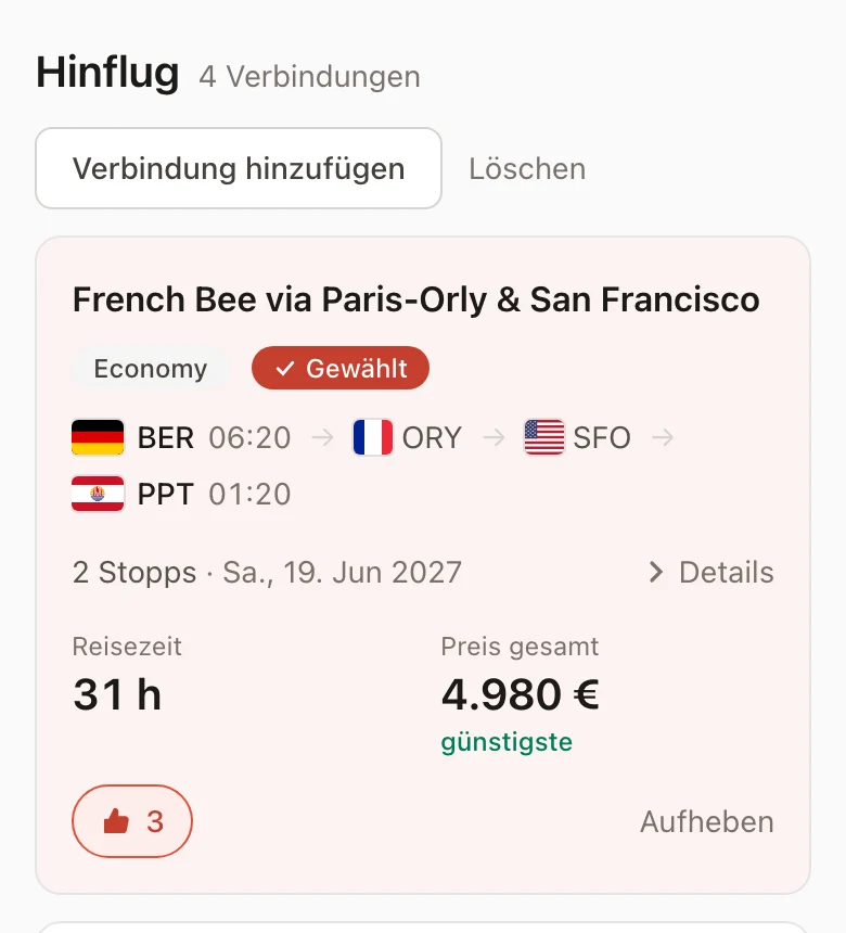 Der Flugvergleich auf dem Telefon: eine Verbindung als Karte mit Reisezeit, Gesamtpreis und drei Stimmen.